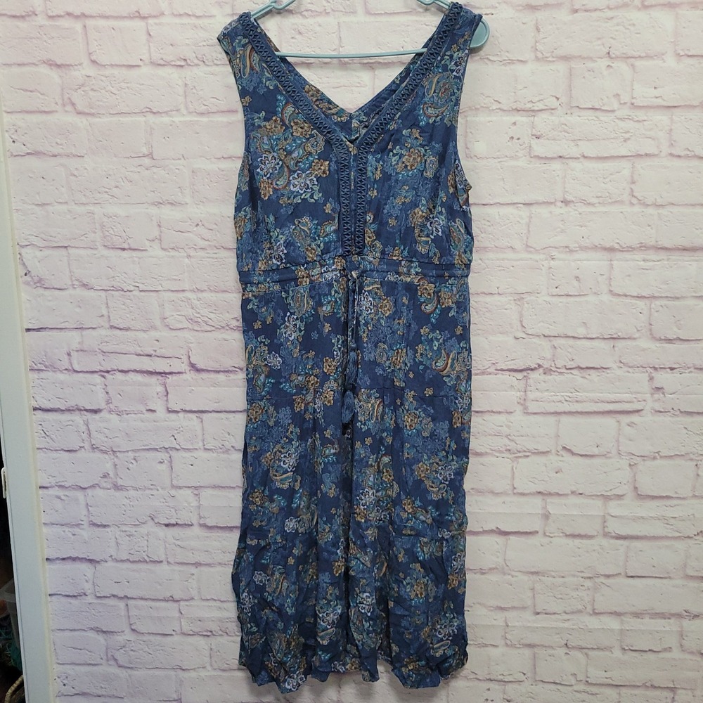 Lucky Brand Blue Paisley Boho Midi Dress L Sleeveless VNeck Cottagecore Festival